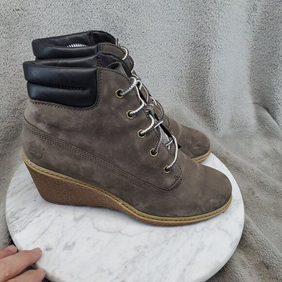 Timberland Shoes Womens Size 7.5 Taupe Brown Leather Amston Wedge Boots - Picture 7 of 11
